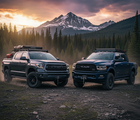 Comparison of a Toyota Tundra and a RAM Power Wagon adventure rig with an off-road pop-up camper in a mountain setting.