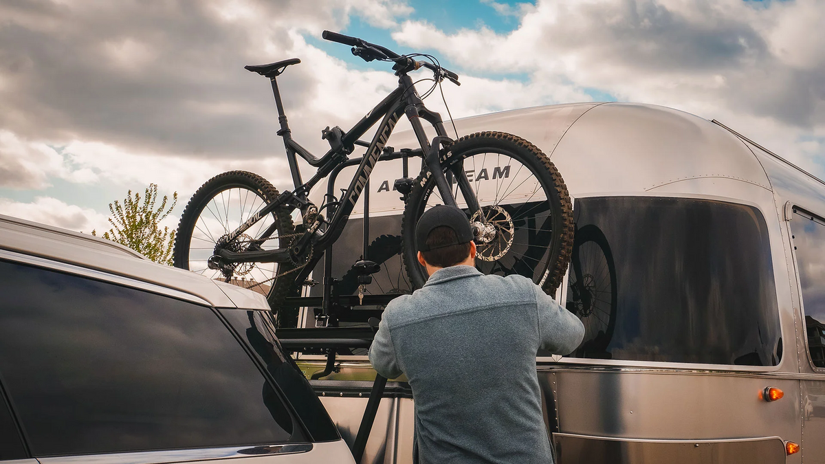 Example of an Arvika rack installed on an Airstream (2-bike version shown; this kit is 3-bike)
